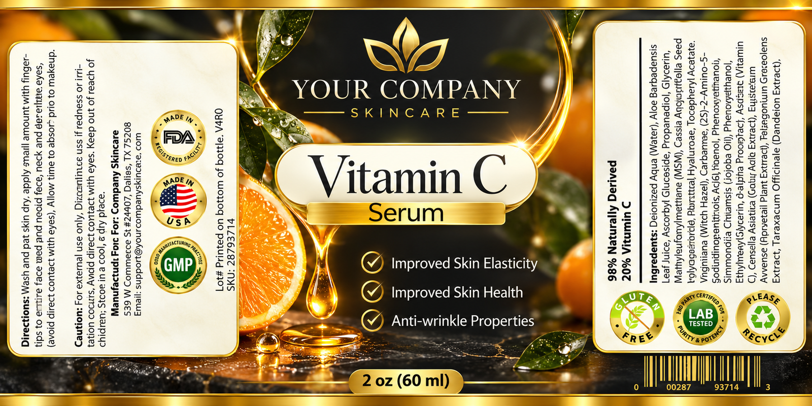 Vitamin C Serum 2oz Skin Care Label – Luxury & Premium Design