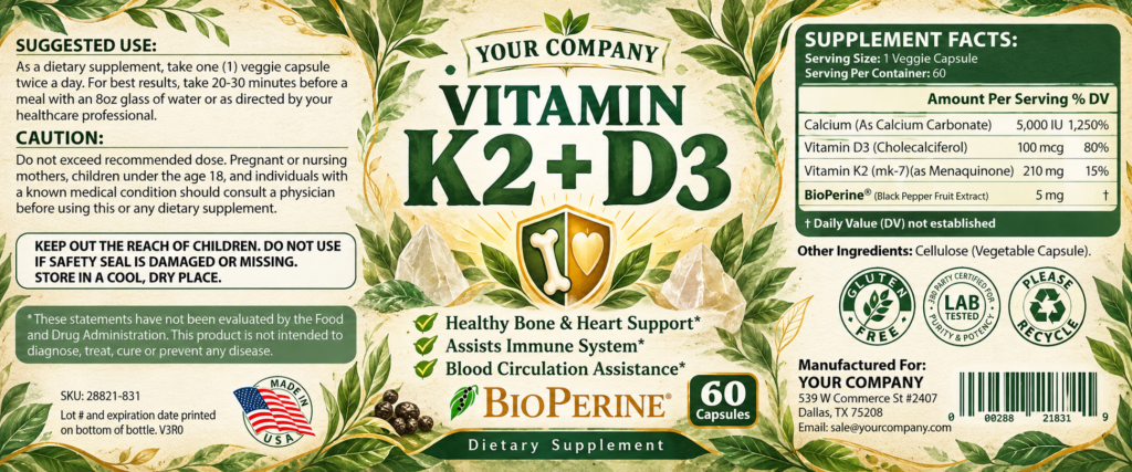 Vitamin K2 + D3 Supplement Label – Botanical & Natural Design