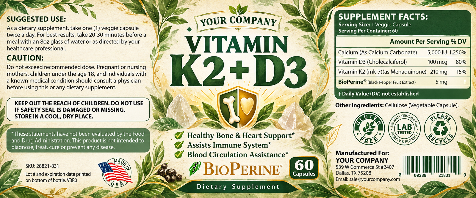 Vitamin K2 + D3 Supplement Label – Botanical & Natural Design