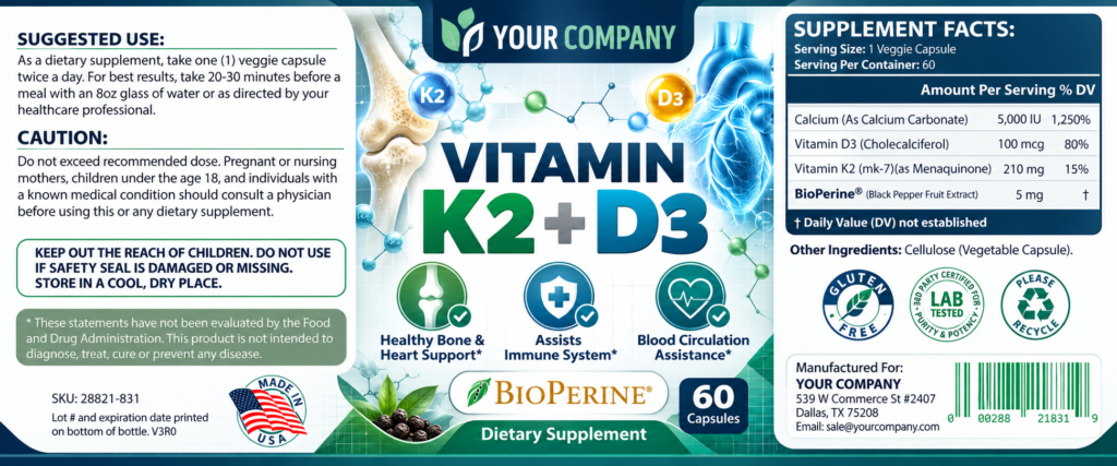 Vitamin K2 + D3 Supplement Label – Classic & Elegant Design