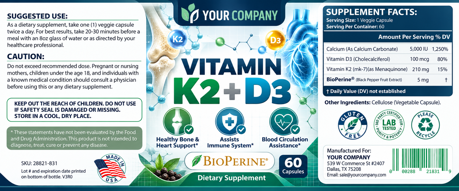 Vitamin K2 + D3 Supplement Label – Classic & Elegant Design