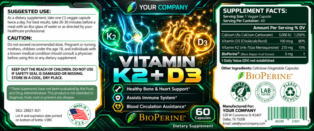 Vitamin K2 + D3 Supplement Label – Futuristic & Neon Design