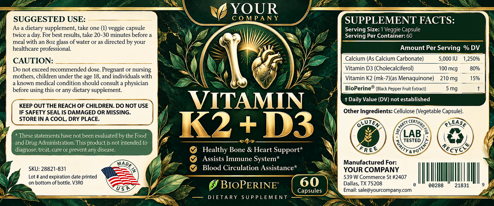 Vitamin K2 + D3 Supplement Label – Luxury & Premium Design