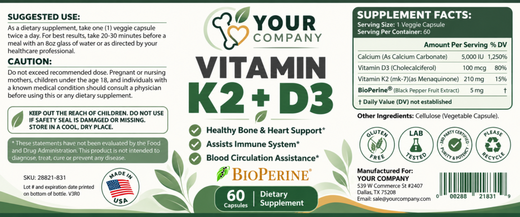 Vitamin K2 + D3 Supplement Label – Modern & Clean Design