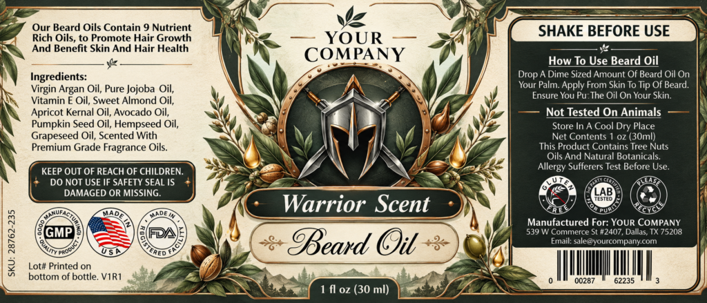 Warrior Beard Oil Label – Botanical & Natural Design