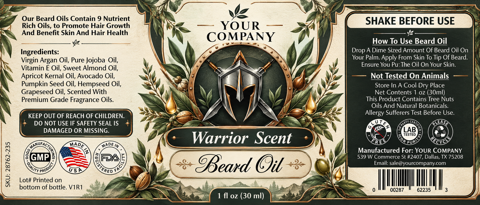 Warrior Beard Oil Label – Botanical & Natural Design