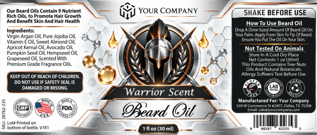 Warrior Beard Oil Label – Classic & Elegant Design