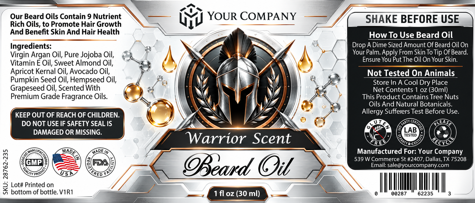 Warrior Beard Oil Label – Classic & Elegant Design