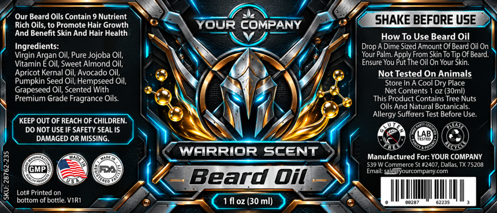 Warrior Beard Oil Label – Futuristic & Neon Design