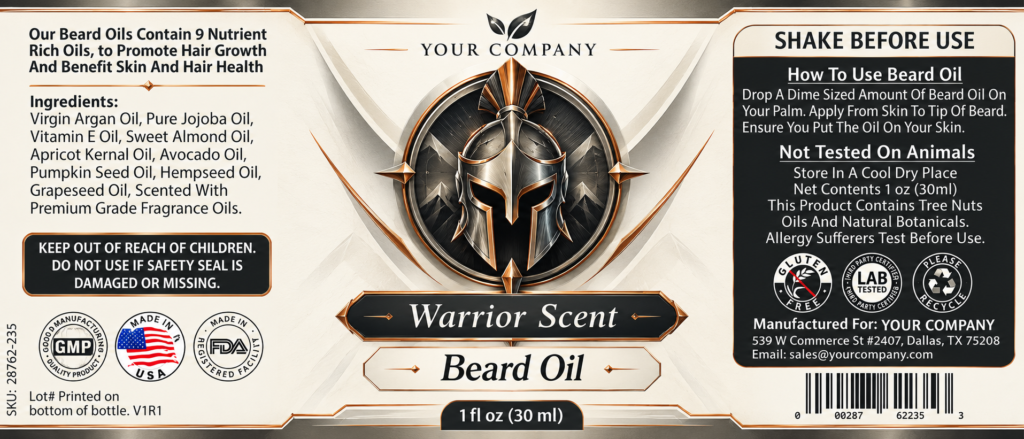 Warrior Beard Oil Label – Modern & Clean Design