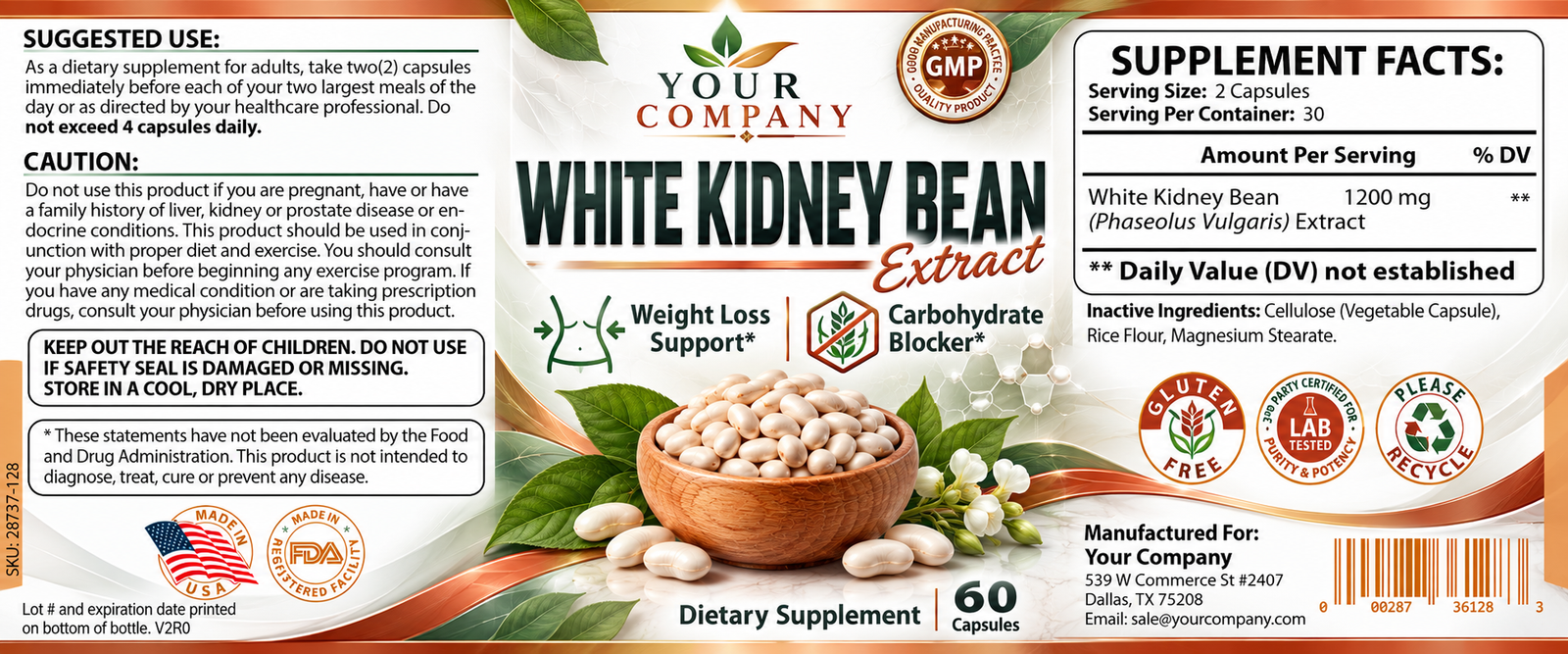 White Kidney Bean Supplement Label – Classic & Elegant Design