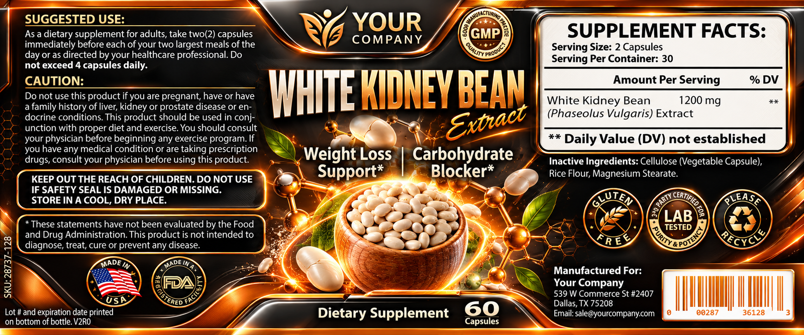 White Kidney Bean Supplement Label – Futuristic & Neon Design