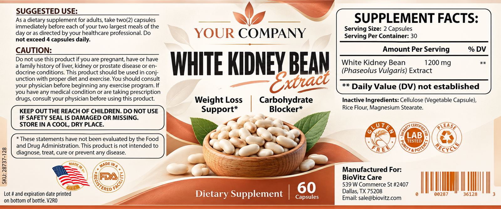 White Kidney Bean Supplement Label – Modern & Clean Design