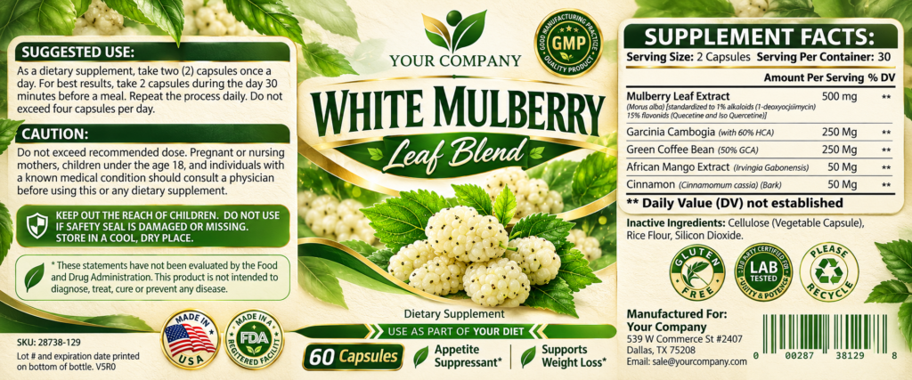White Mulberry Blend Supplement Label – Botanical & Natural Design