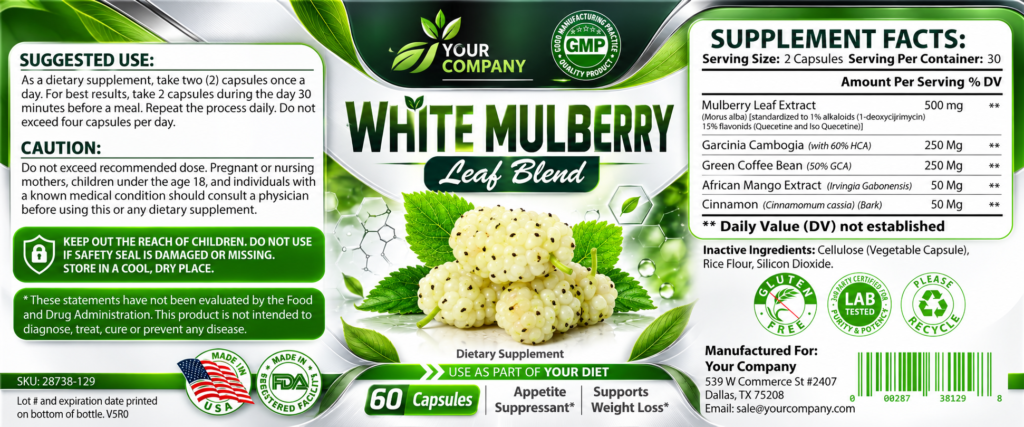 White Mulberry Blend Supplement Label – Classic & Elegant Design