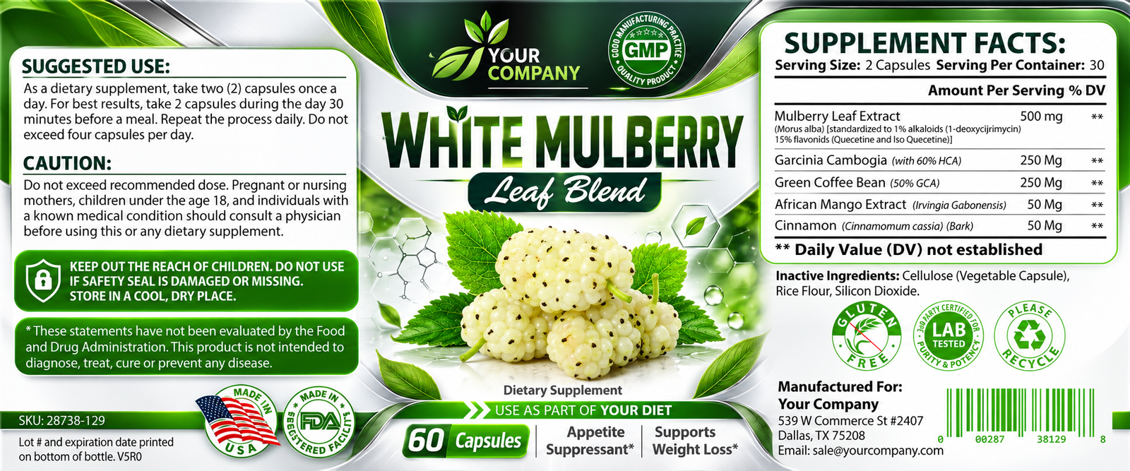 White Mulberry Blend Supplement Label – Classic & Elegant Design