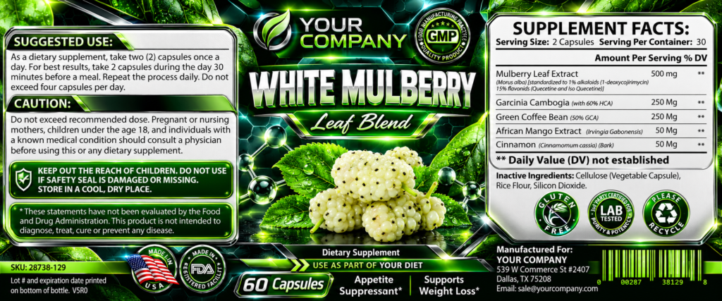White Mulberry Blend Supplement Label – Futuristic & Neon Design
