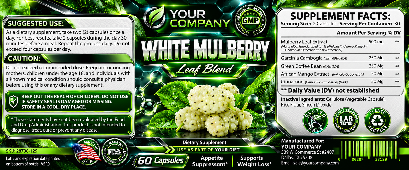 White Mulberry Blend Supplement Label – Futuristic & Neon Design