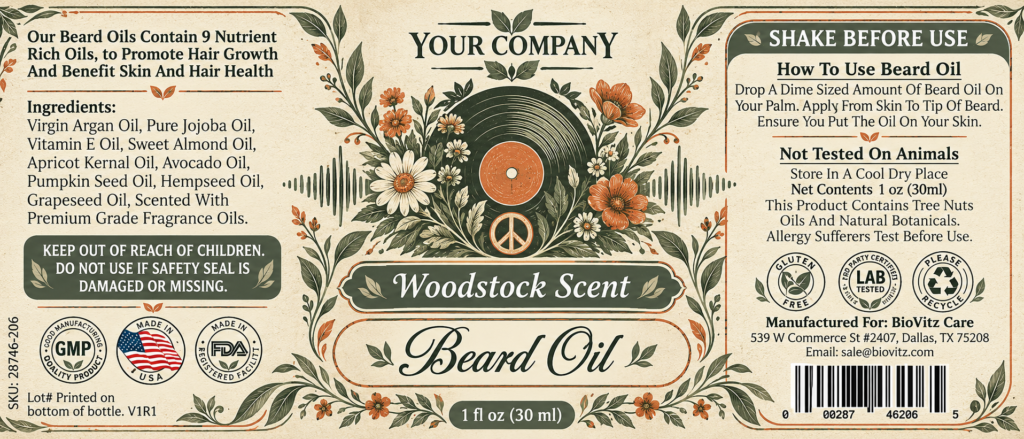 Woodstock Beard Oil Label – Botanical & Natural Design