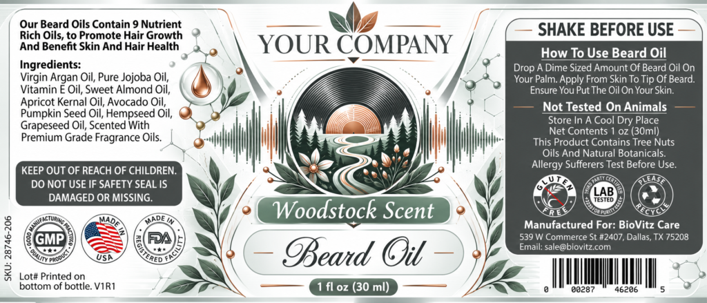 Woodstock Beard Oil Label – Classic & Elegant Design