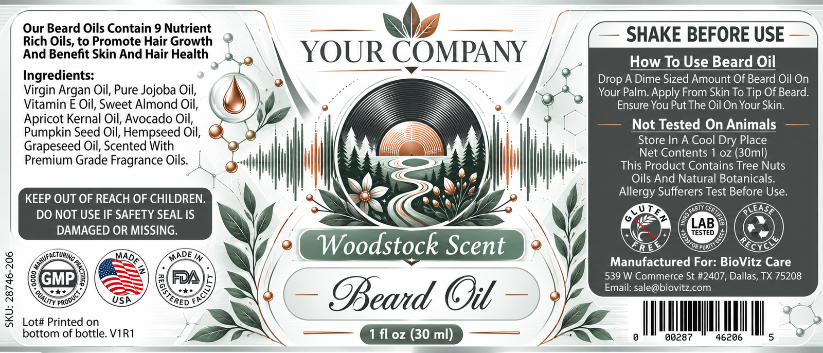 Woodstock Beard Oil Label – Classic & Elegant Design