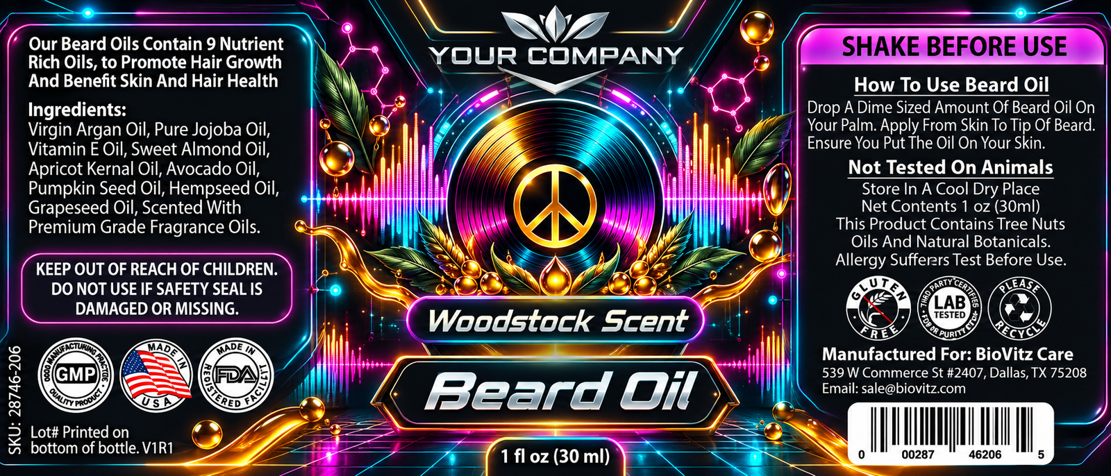 Woodstock Beard Oil Label – Futuristic & Neon Design
