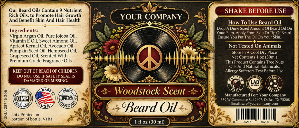 Woodstock Beard Oil Label – Luxury & Premium Design