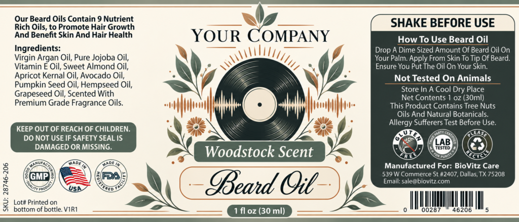 Woodstock Beard Oil Label – Modern & Clean Design