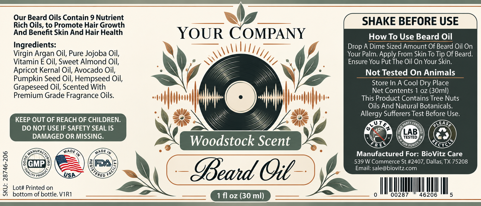 Woodstock Beard Oil Label – Modern & Clean Design