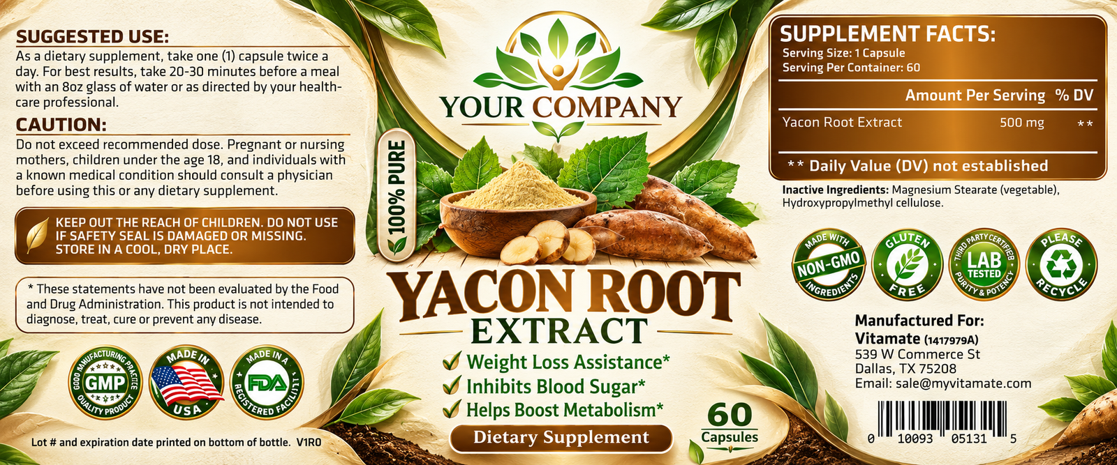 Yacon Root Pure 500mg Supplement Label – Botanical & Natural Design