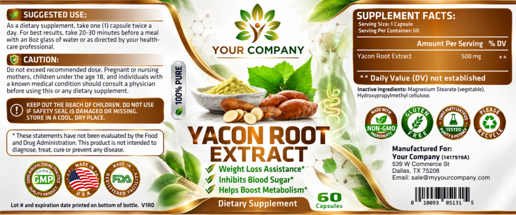 Yacon Root Pure 500mg Supplement Label – Classic & Elegant Design