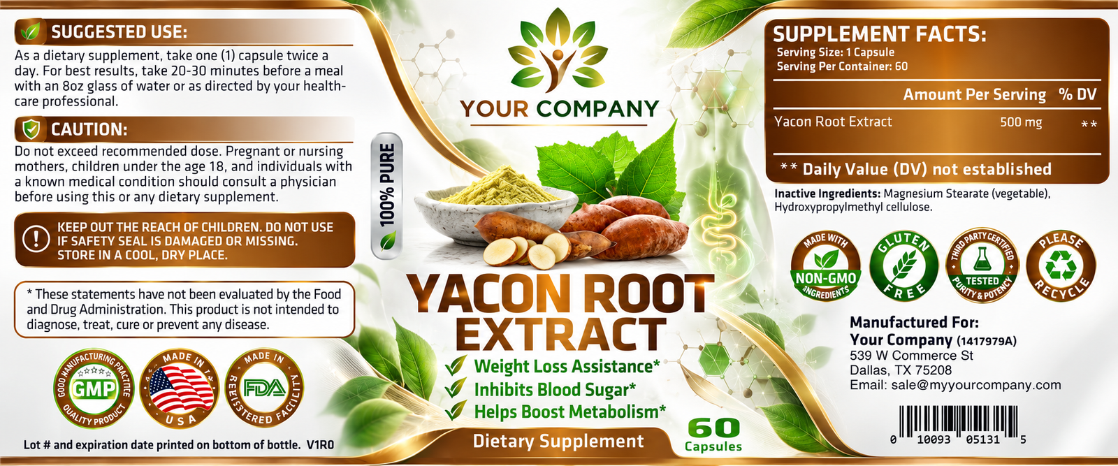 Yacon Root Pure 500mg Supplement Label – Classic & Elegant Design