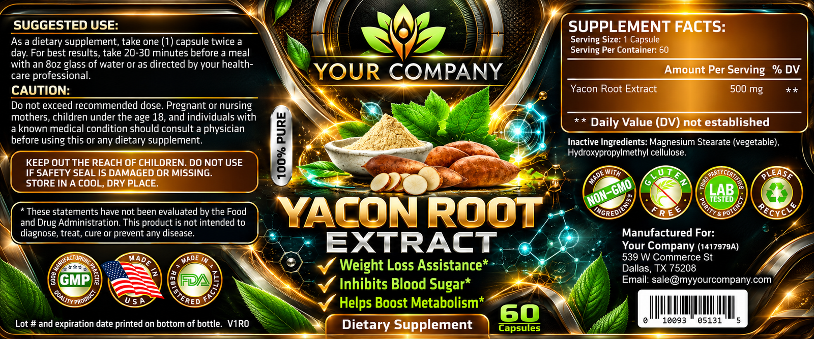 Yacon Root Pure 500mg Supplement Label – Futuristic & Neon Design