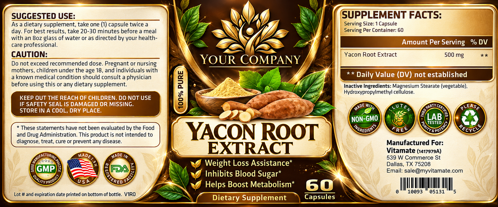 Yacon Root Pure 500mg Supplement Label – Luxury & Premium Design