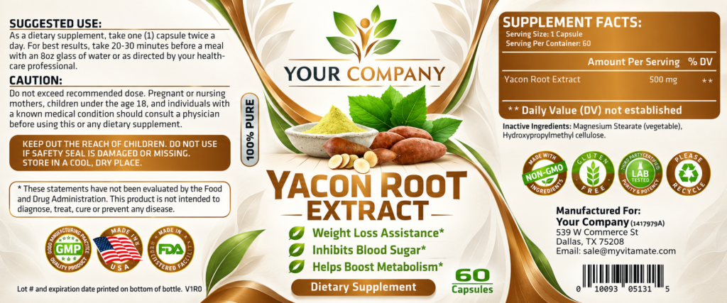 Yacon Root Pure 500mg Supplement Label – Modern & Clean Design
